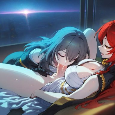 honkai: star rail, himeko (honkai: star rail), stelle (honkai: star rail), a1exwell, 1futa, cleavage, closed eyes, deepthroat, fellatio, female, futa on female, futanari, futanari/female, indoors, night