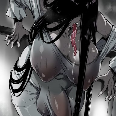 the ring, yamamura sadako, musashino sekai, 1futa, balls, big breasts, big penis, black hair, breasts, bulge, cleavage, clothed, clothing, drool, drooling