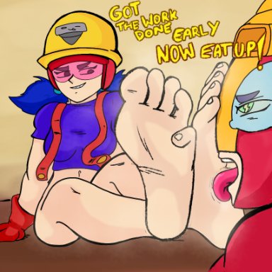 brawl stars, jacky (brawl stars), max (brawl stars), tacitusart, 2girls, asking for it, feet, feet fetish, feet together, female, female focus, femdom, foot fetish, foot worship, gloves