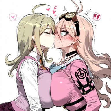 danganronpa, danganronpa v3, new danganronpa v3, akamatsu kaede, iruma miu, !, !!, 2girls, ahoge, blonde hair, blush, bow, breast press, breast squeeze, breasts pressed against partner