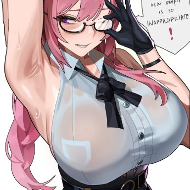 zenless zone zero, tsukishiro yanagi, shikube, 1girls, armpits, ass, big ass, big breasts, big thighs, blush, breasts, butt, center opening, cleavage, closed eyes