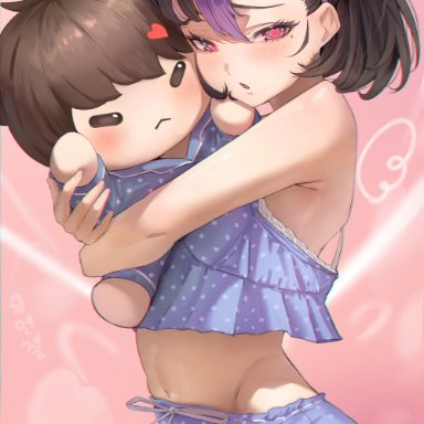 goddess of victory: nikke, commander (nikke), syuen (nikke), artist request, 1girls, doll, heart-shaped pupils, hugging, infatuation, pajamas, petite female, highres