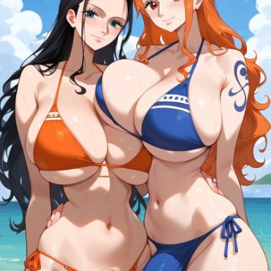 one piece, nami, nami (one piece), nico robin, aiartf4, 2futas, beach, bikini, bulge, flaccid penis, futa only, futanari, huge breasts, huge cock, penis bulge