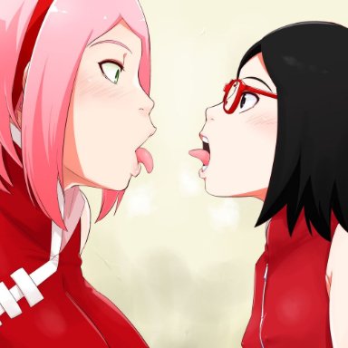 boruto: naruto next generations, naruto, naruto (series), sakura haruno, sarada uchiha, sunahara wataru, 2girls, age difference, black eyes, black hair, breasts, covered erect nipples, erect nipples, erect nipples under clothes, female focus