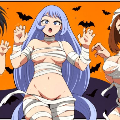 my hero academia, momo yaoyorozu, nejire hado, ochako uraraka, tsuranukko, 3girls, bandage, big breasts, black eyes, black hair, blue eyes, blue hair, breasts, brown eyes, brown hair