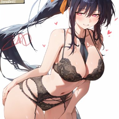 high school dxd, akeno himejima, zenonde2nd, ass visible through thighs, bare arms, bare belly, bare shoulders, belly button, big breasts, black bra, black hair, black panties, black thighhighs, blush, bra