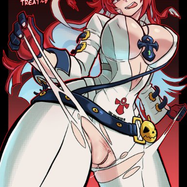 guilty gear, guilty gear strive, jack-o' valentine, vkid, bodysuit, clothed, huge breasts, pussy, red hair, thick thighs