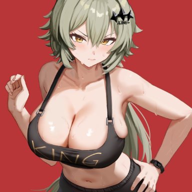 zenless zone zero, caesar king, yan kodiac, 1girls, ass, big ass, big breasts, big thighs, blush, breasts, female, female focus, female only, gigantic breasts, green hair