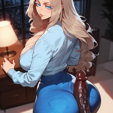 xandr, 1girls, big breasts, big penis, blue cardigan, blue eyes, brown hair, buttjob, buttjob over clothes, cardigan, cleavage, curvy, curvy figure, dark-skinned male, dat ass