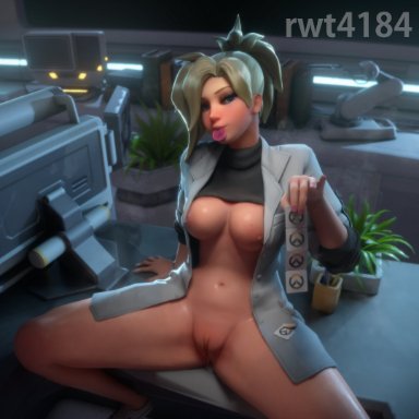 blizzard entertainment, overwatch, overwatch 2, angela ziegler, dr. ziegler, mercy, rwt4184, 1girls, athletic female, blonde hair, blue eyes, breasts, condom, condom in mouth, cum in pussy