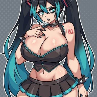 vocaloid, hatsune miku, srbready, belly button piercing, big breasts, black eyeshadow, black hair, black lips, black lipstick, blue eyes, blue hair, blue nails, breasts, cleavage, collar