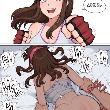 dead or alive, hitomi (doa), afrobull, 1boy, 1boy1girl, 1girls, ambiguous penetration, arm grab, ass, big breasts, blue eyes, blush, breasts, brown hair, cleavage