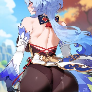 genshin impact, ganyu (genshin impact), artist request, juuicyai, bikini, blue hair, blush, breasts, dark-skinned male, feet, female, huge breasts, massive ass, massive breasts, purple eyes