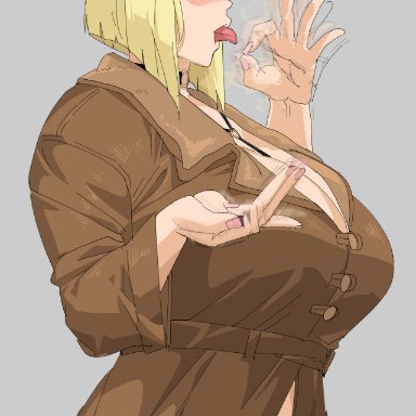 naruto, naruto shippuden, samui, chocobitpie, 1girls, almost naked, before sex, big breasts, blonde hair, blue eyes, blush, bob cut, breasts, breasts bigger than head, choker