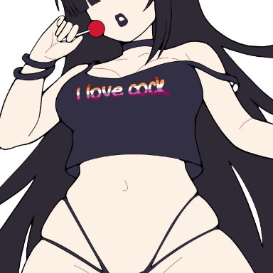 original, shimizu (leepicmochi), unepicroachy (leepicmochi), 1girls, ass, bare shoulders, black hair, black lipstick, black panties, black shirt, black thighhighs, blunt bangs, bracelet, choker, cleavage