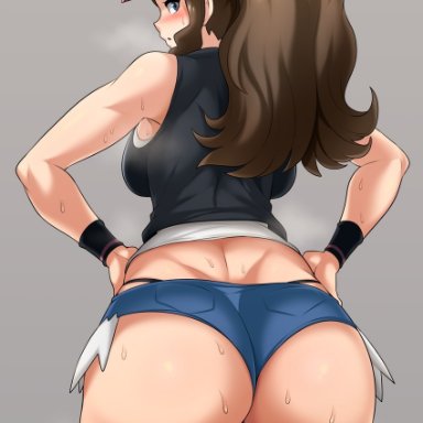 game freak, nintendo, pokemon, pokemon bw, hilda (pokemon), jmg, back view, backboob, bare thighs, big ass, big butt, brunette hair, fat ass, gigantic ass, gigantic breasts