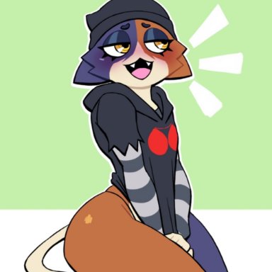 fortnite, meow skulls (fortnite), lovetopullmicke, black clothing, blue fur, brown fur, cap, covering breasts, covering crotch, embarrassed, green background, hoodie, legs together, open mouth, tail