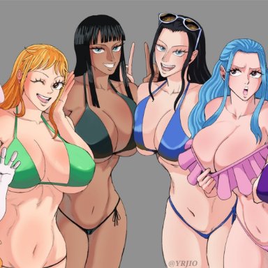 one piece, boa hancock, carrot (one piece), nami, nefertari vivi, nico robin, nico robin (pre-timeskip), yrjio, 6+girls, anthro, bare shoulders, bikini, black hair, blonde hair, blue eyes