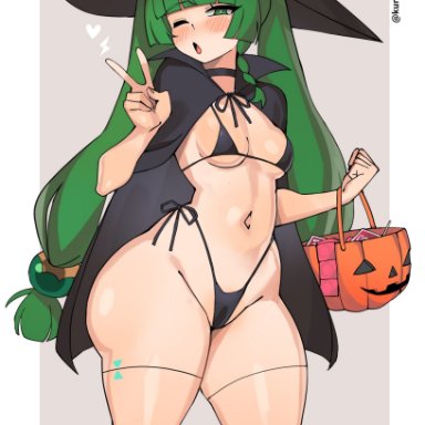 halloween, zenless zone zero, qingyi (zenless zone zero), kuromaruart, 1girls, ass, big ass, big thighs, bikini, blush, breasts, condom, condom wrapper, female, female focus