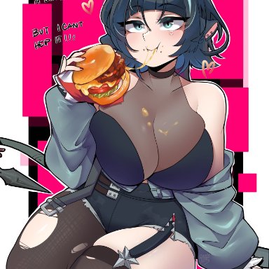 zenless zone zero, jane doe (zenless zone zero), chocotoffy, 1girls, big breasts, eating, female, female only, food, green eyes, hamburger, mouse ears, mouse girl, sitting, smile