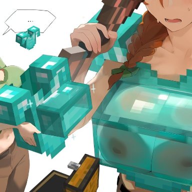 minecraft, alex (minecraft), smewed, ..., 1girls, areolae, big breasts, braided hair, breasts, chest, cleavage, diamond armor, female, female only, flustered