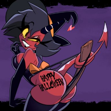 halloween, helluva boss, vivienne medrano, millie (helluva boss), grimphantom, ass, big ass, black hair, dat ass, demon, demon girl, demon horns, demon tail, imp, seductive