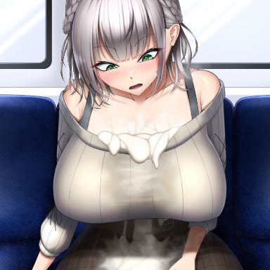 hololive, hololive fantasy, hololive japan, shirogane noel, mikage 77777, 1girls, after sex, awake, bare shoulders, big breasts, blush, bra, cleavage, closed eyes, clothed female