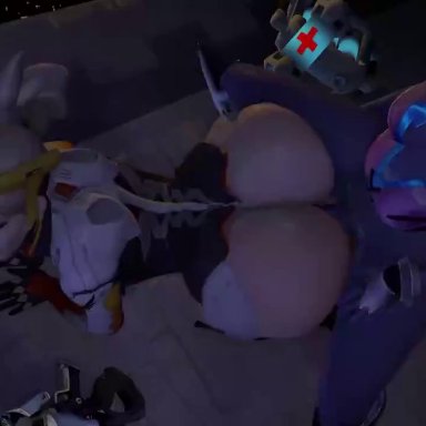 overwatch, mercy, widowmaker, steno3d, big ass, big penis, blonde hair, doggy style, futanari, huge ass, huge cock, moaning, partially clothed, purple hair, purple skin