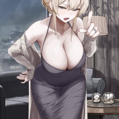 original, original character, tsukasa erin, gwan-e, 1girls, angry, bare shoulders, big breasts, blonde hair, blue eyes, breasts, cleavage, detailed background, dress, hair bun