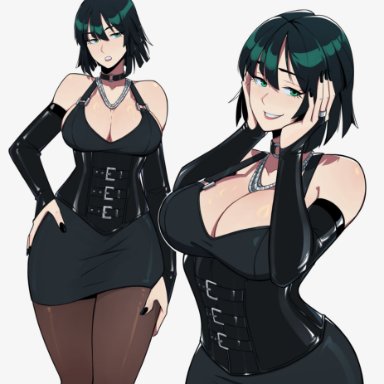 one-punch man, fubuki (one-punch man), aneurysm ax, 1girl, 1girls, bare shoulders, big breasts, black corset, black dress, black hair, black nails, blunt bangs, breasts, choker, cleavage