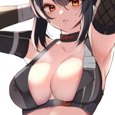 zenless zone zero, grace howard, haneramu, 1girls, armpits, arms behind head, arms up, bare shoulders, black choker, black hair, breasts, choker, cropped legs, eyebrows, eyebrows visible through hair