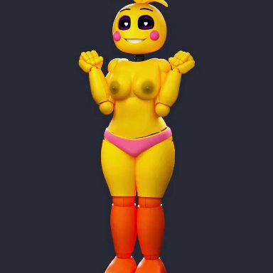 five nights at freddy's, five nights at freddy's 2, lovetaste chica, toy chica (fnaf), x3milky, 1girls, heart-shaped pupils, medium breasts, nipples, panties, peace sign, pink panties, pink tongue, smile, smiling at viewer