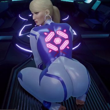 metroid, samus aran, zero suit samus, chloeangelva, x3d, 1girls, ass shake, big ass, blonde hair, blue bodysuit, bodysuit, earrings, fat ass, from behind, hoop earrings