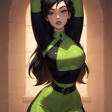 kim possible, shego, sarahvividart, 1girls, arms above head, black hair, blush, blushed, bondage, bound, bound wrists, captured, clothed, female, female focus