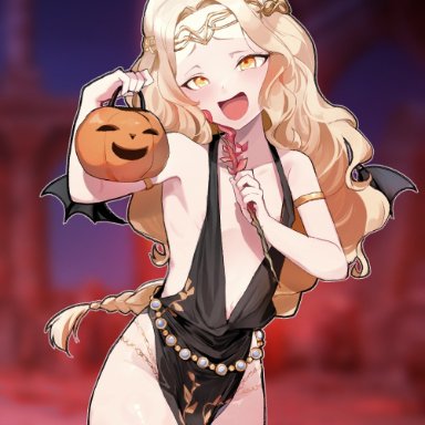 elden ring, fromsoftware, halloween, shadow of the erdtree, miquella, charles (gu599), gu599, :d, 1boy, armlet, black dress, blonde hair, blurry, braid, circlet