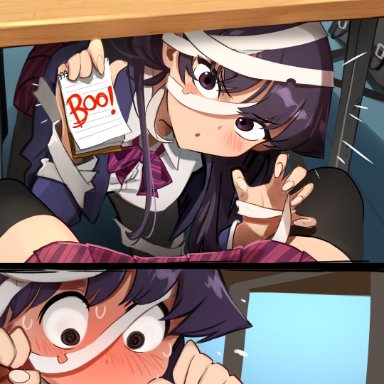 halloween, komi can't communicate, komi-san wa komyushou desu, joker (cosplay), komi shouko, osana najimi, khyleri, 1female, 1femboy, blush, comedy, femboy on female, funny, imminent sex, looking at viewer