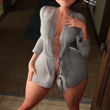 the incredibles, elastigirl, helen parr, smitty34, 1girls, barefoot, breasts, eye contact, feet, female, female focus, female only, housecoat, huge hips, implied pov