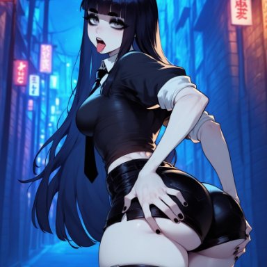 bella (xandr), xandr, 1girls, alley, ass, ass focus, bangs, black earrings, black hair, black makeup, blunt bangs, breasts, choker, ear piercing, earrings