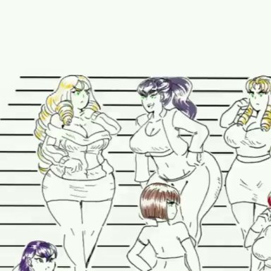 kansais, 6girls, absorption, absorption vore, ass cleavage, belly bigger than body, breast expansion, breasts bigger than head, butt crack, huge breasts, hyper, hyper belly, long hair, massive belly, multiple girls