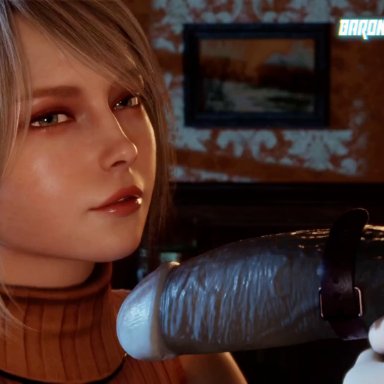 resident evil, ashley graham, leon scott kennedy, baron von meowsberg, big dildo, blonde hair, blowjob, blue eyes, candle, candlelight, dark lighting, dildo, erection, eye contact, monster dildo