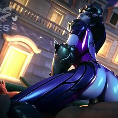 overwatch, widowmaker, nithes, 1boy, 1girls, ass, ass jiggle, big ass, blue skin, clothed sex, clothing, dark-skinned male, girl on top, penetration, purple hair