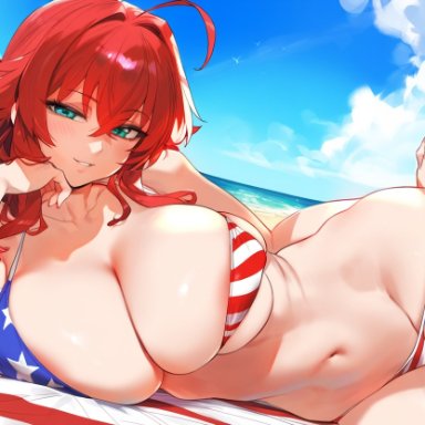 high school dxd, rias gremory, bons ai, 1girls, american flag bikini, beach, big ass, big breasts, bikini, blue eyes, curvy figure, light-skinned female, red hair, seductive look, ai generated