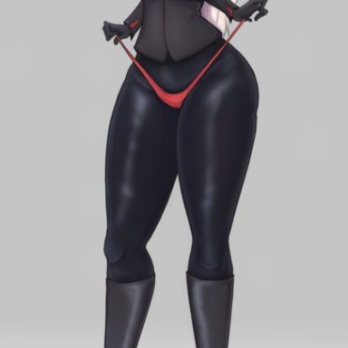 fortnite, fortnite: battle royale, chaos director (fortnite), artist request, 1girls, big breasts, black body, cameltoe, gas mask, high heel boots, panties, suit, thick thighs, tie