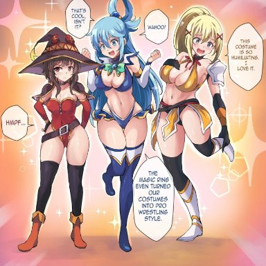 aqua (konosuba), darkness (konosuba), megumin, kineluchs, 3girls, adapted costume, big breasts, blonde hair, blue eyes, blue hair, breasts, brown hair, cleavage, female, female only