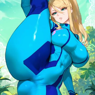 metroid, samus aran, lucyla, bimbo, blonde hair, curvy, curvy figure, female, female focus, fully clothed, green eyes, thick ass, tight clothing, voluptuous, ai generated