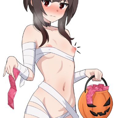 halloween, megumin, kagironsfw, 1girls, blush, brown hair, bucket, choker, condom, condom wrapper, costume, female, holding object, mummy, nipple bulge