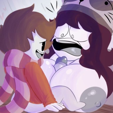 jaiden animations, youtube, jaiden, jaiden dittfach, scarf boy, 1boy, 1girls, aged up, big breasts, big penis, breasts, brown hair, larger female, long hair, open mouth