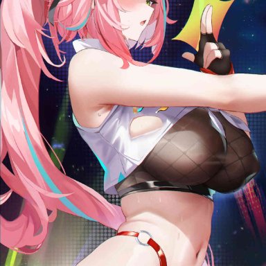 honkai (series), honkai: star rail, hoyoverse, mihoyo, rappa (honkai: star rail), fantongjun, 1girls, armpits, bare hips, bare shoulders, belly, belly button, big breasts, blue hair, crop top