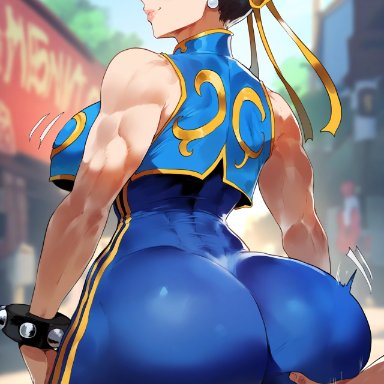 street fighter, street fighter 6, chun-li, meiogun, 1boy, 1boy1girl, 1girls, ass, bare shoulders, blue bodysuit, blush, bodysuit, breasts, brown eyes, brown hair