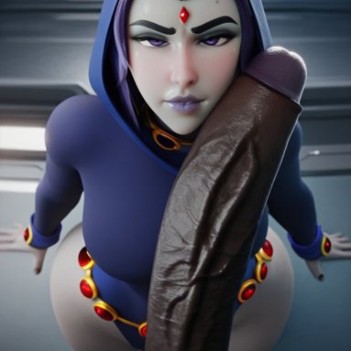 teen titans, raven (dc), kisuco, absurdly large cock, blue cape, blue hood, cheating girlfriend, dark penis, dark-skinned male, grey skin, hyper penis, imminent oral, impossible fit, interracial, looking at viewer